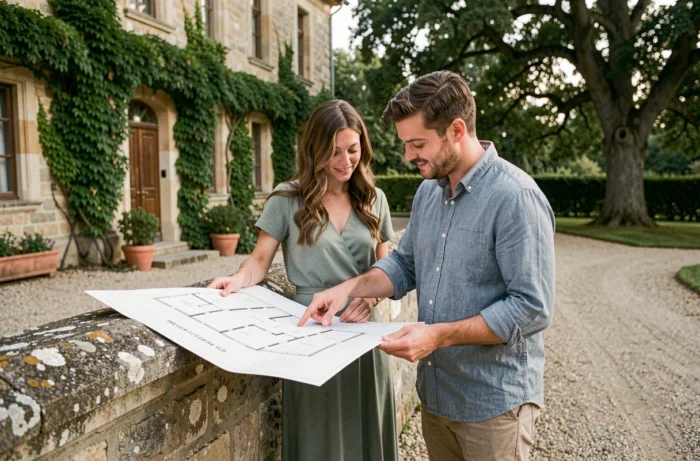 Couple examinant le plan d'implantation de leur mariage devant un manoir en pierre entouré de végétation dans la campagne française