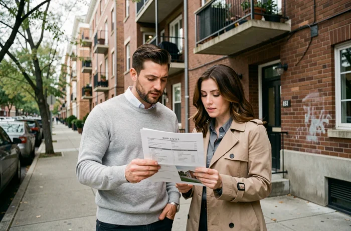 Couple visitant un immeuble résidentiel urbain pour évaluer un investissement immobilier locatif en 2024
