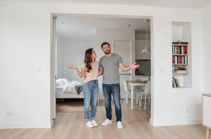 Couple visitant un appartement T1 bis avec espace nuit séparé
