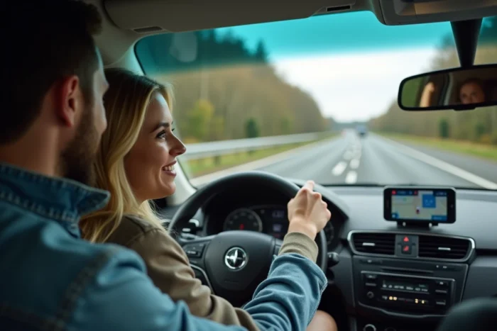 Couple en voiture sur une autoroute française utilisant un GPS pour organiser leur road trip