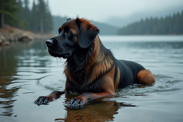 Croisé berger allemand terre neuve nageant dans un lac naturel, révélant ses pattes palmées et sa musculature puissante caractéristique du mélange des deux races