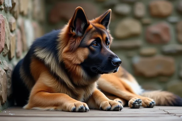 Gros plan d'un croisé berger allemand terre neuve allongé sur une terrasse en bois, révélant sa fourrure semi-ondulée et sa structure osseuse imposante