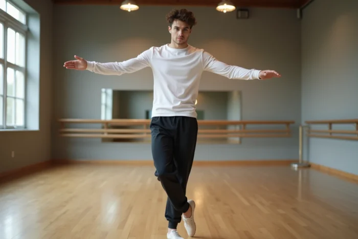 Jeune danseur en plein mouvement dans un studio de répétition, illustrant la morphologie et la forme physique d'un artiste talentueux