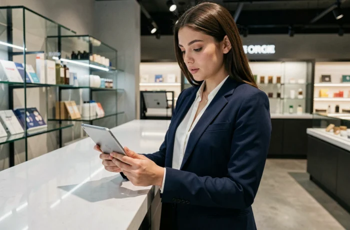 Jeune femme diplômée d'un BTS MCO travaillant comme responsable commerciale dans un espace de vente moderne