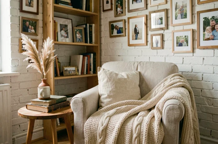 Coin salon chaleureux avec fauteuil en lin, plaid en maille épaisse et décoration personnalisée sur mur en brique blanche