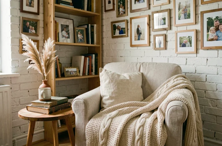 Coin salon chaleureux avec fauteuil en lin, plaid en maille épaisse et décoration personnalisée sur mur en brique blanche