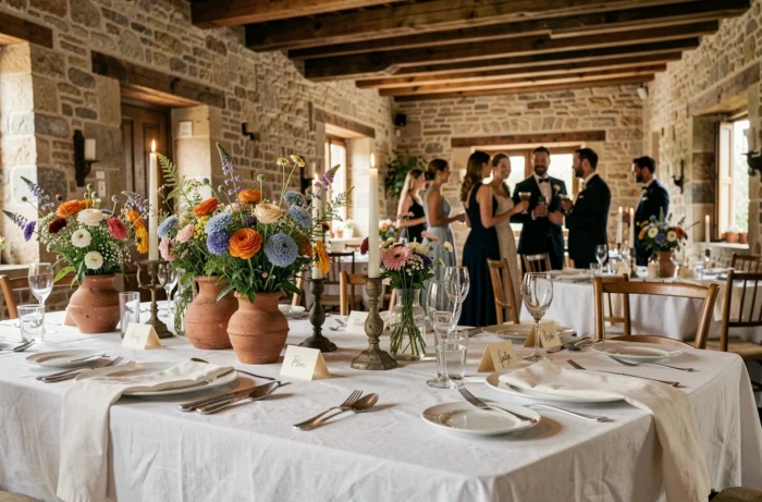 Table de réception de mariage élégante dans une salle de ferme française avec bouquets de fleurs sauvages, chandeliers vintage et invités floutés en arrière-plan