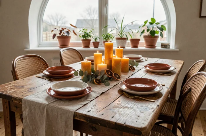 Table de salle à manger décorée de façon chaleureuse avec vaisselle artisanale, bougies en cire et eucalyptus séché