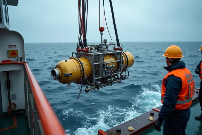 Déploiement d'un ROV depuis un navire océanographique pour l'exploration des grandes profondeurs et l'étude des pressions abyssales