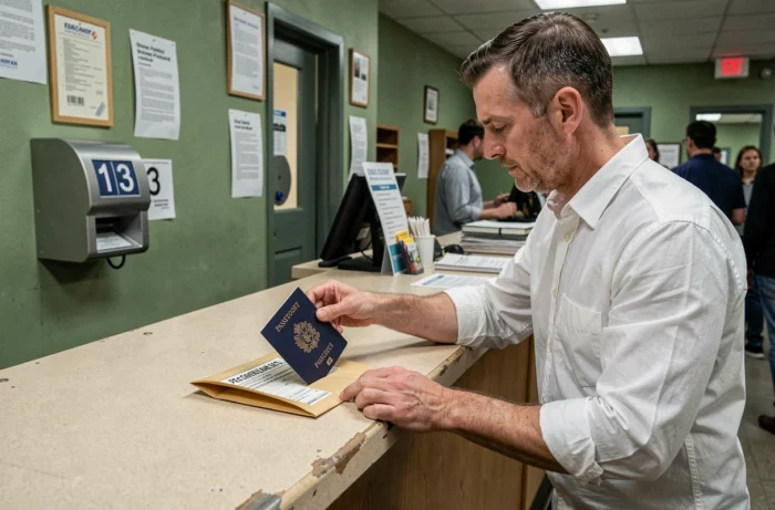 Homme déposant un ancien passeport français dans une enveloppe à un guichet de bureau de poste