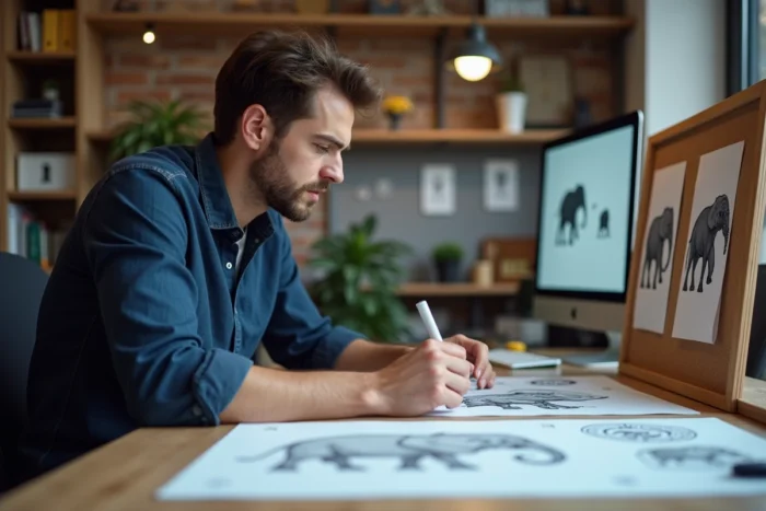 Designer graphique étudiant l'évolution du logo du LOSC Lille dans un studio créatif avec des esquisses d'emblèmes de club de football