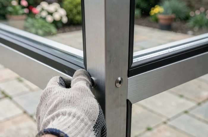 Détail de l'assemblage précis d'une véranda aluminium sur mesure lors de l'installation dans les Yvelines