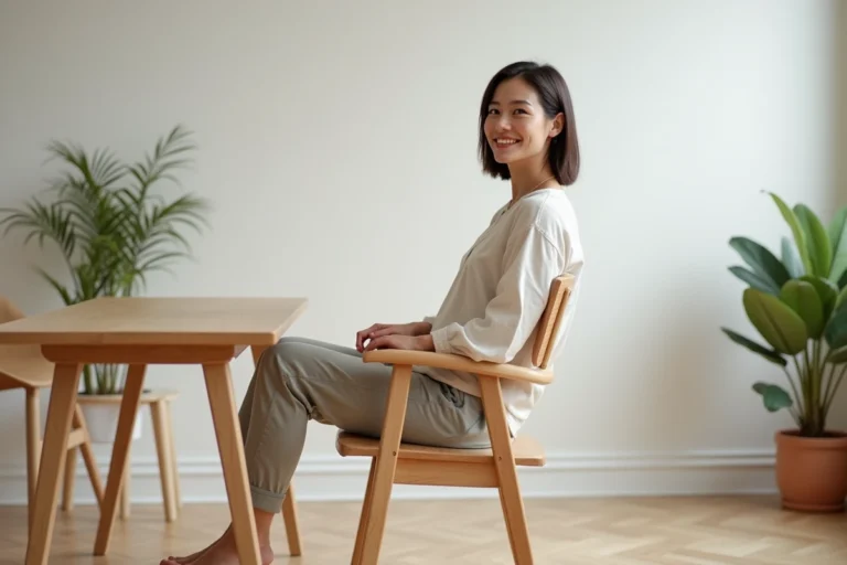 Femme assise correctement sur une chaise en bois aux dimensions standard dans une salle à manger scandinave