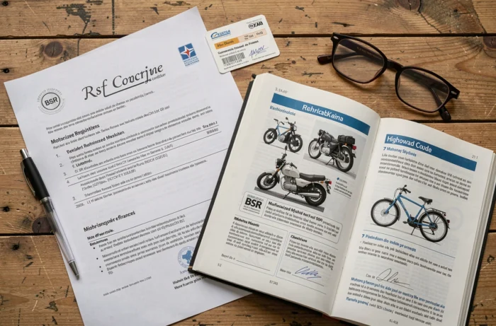 Documents réglementaires pour conduire un Piwi 80 en France incluant le BSR et la carte grise sur un bureau en bois