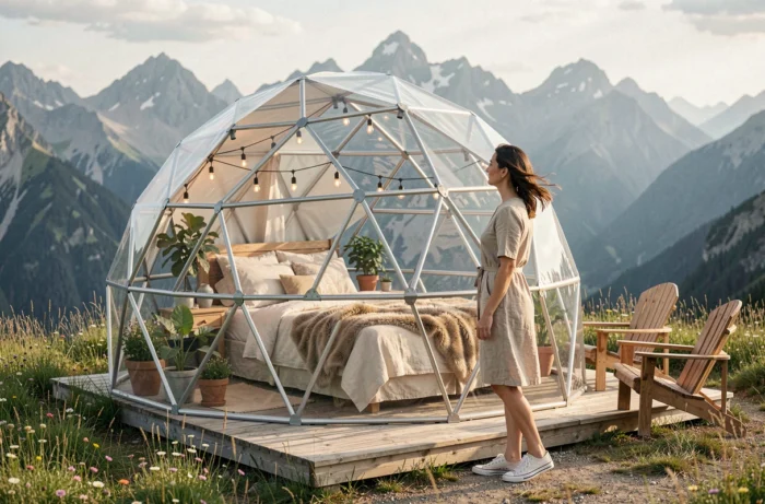 Tente dôme géodésique transparente en pleine montagne avec vue panoramique et intérieur cosy pour un hébergement insolite