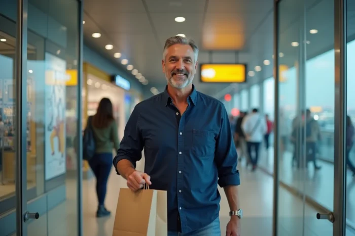 Homme sortant d'un duty-free espagnol à l'aéroport avec des parfums achetés à prix avantageux