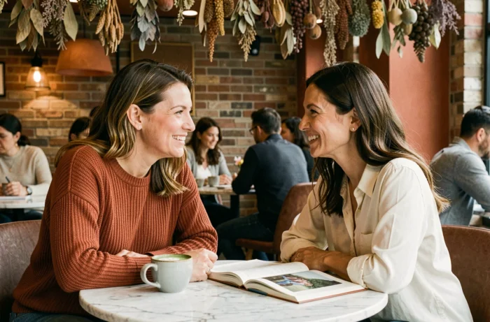 Deux femmes échangeant autour du bien-être et des nouvelles tendances de développement personnel dans un café moderne