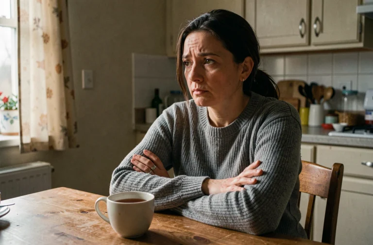 Femme adulte assise seule à une table de cuisine, l'air distant et épuisé, illustrant le rejet émotionnel d'un enfant adulte envers ses parents