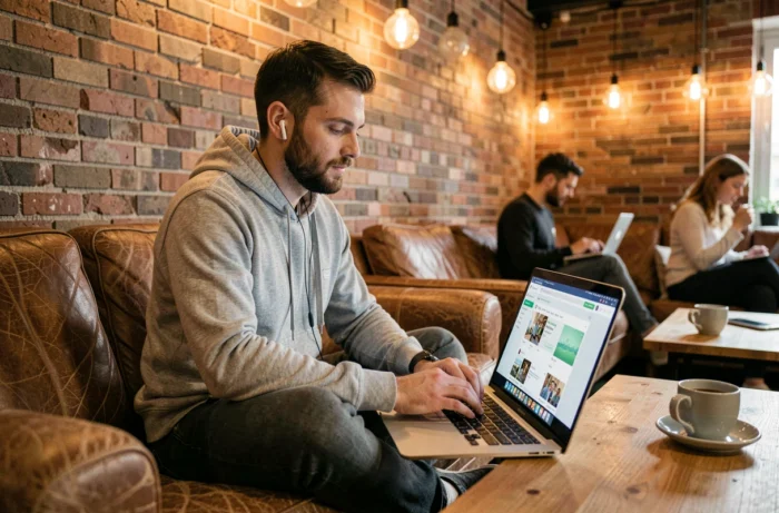 Jeune entrepreneur travaillant sur une stratégie de marketing en ligne depuis un espace de coworking décontracté