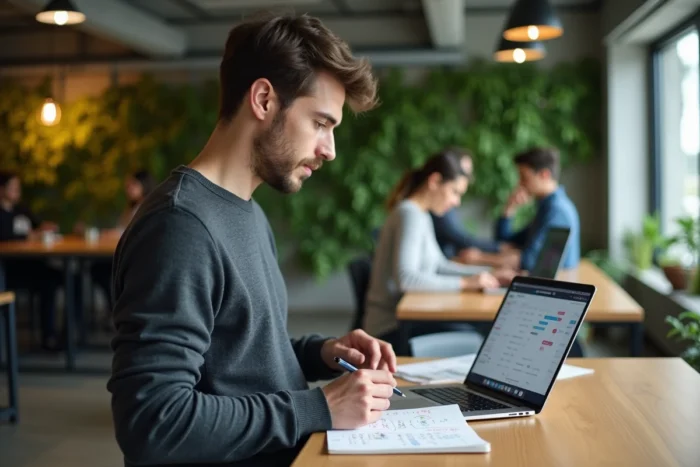 Jeune entrepreneur planifiant une stratégie marketing digitale dans un espace de coworking avec carnet et ordinateur
