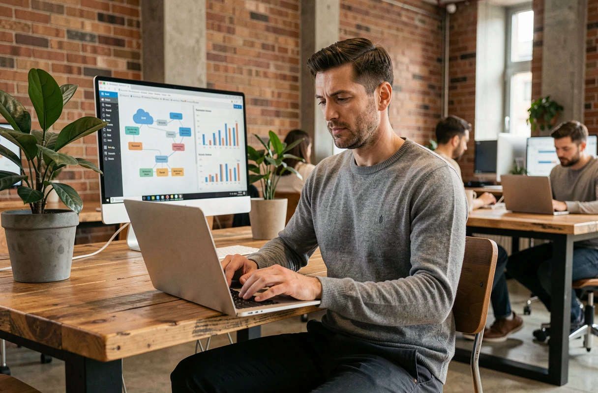 Un entrepreneur travaillant sur des solutions cloud et des outils d'intelligence économique dans un espace de coworking au design industriel, symbolisant l'innovation numérique.