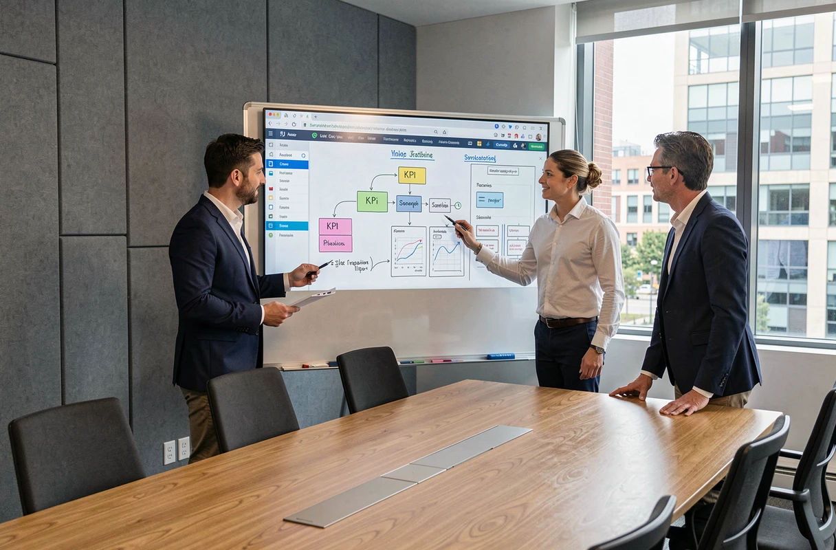 Une équipe diverse collaborant autour d'un tableau blanc numérique affichant des indicateurs de performance et des wireframes logiciels dans une salle de réunion moderne.