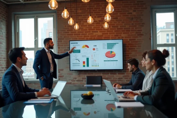 Équipe marketing collaborant autour d'une table de réunion sur une stratégie web avec tableau de bord digital