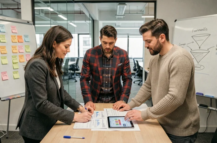 Équipe de professionnels collaborant sur une stratégie de marketing digital autour d'une table de réunion moderne
