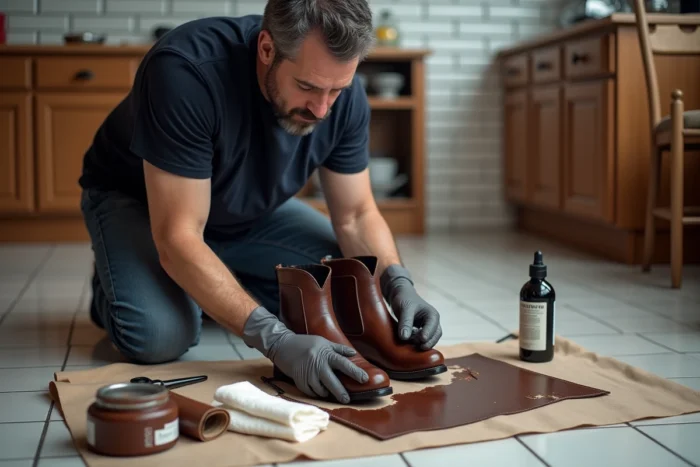 Homme en gants latex inspectant une botte en cuir à mi-teinte avec des outils de teinture posés sur un tissu de protection dans une cuisine