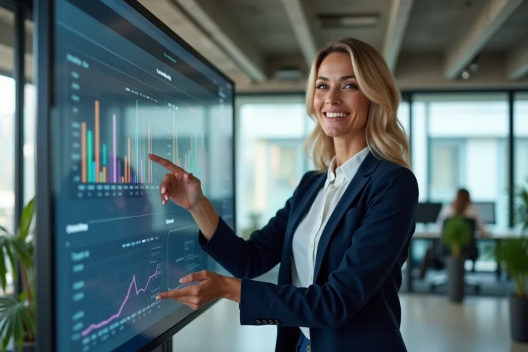 Femme d'affaires présentant des solutions B2B innovantes sur un écran tactile dans un bureau moderne