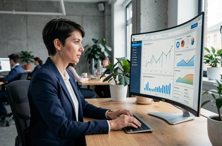 Femme professionnelle analysant des données de marketing en ligne sur un grand écran dans un bureau moderne