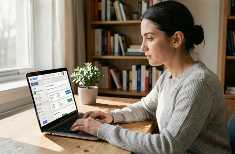 Femme analysant les statistiques de partage de ses publications Facebook sur un ordinateur portable dans un bureau à domicile moderne
