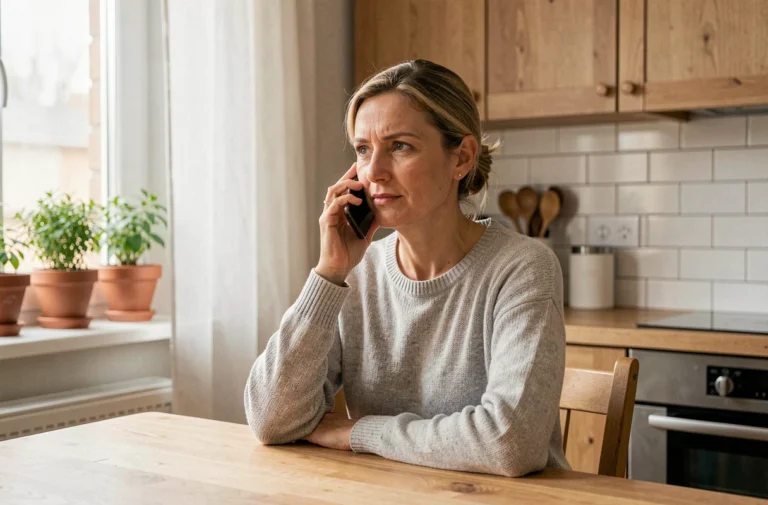 Femme appelant le service client Orange 3900 depuis sa cuisine avec un smartphone