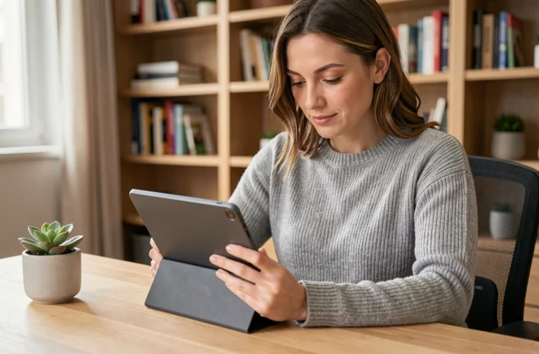 Femme utilisant une tablette dans un bureau à domicile moderne pour explorer les dernières tendances technologiques