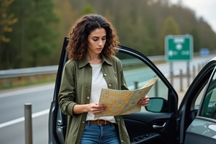Femme consultant une carte des autoroutes françaises à une aire de repos