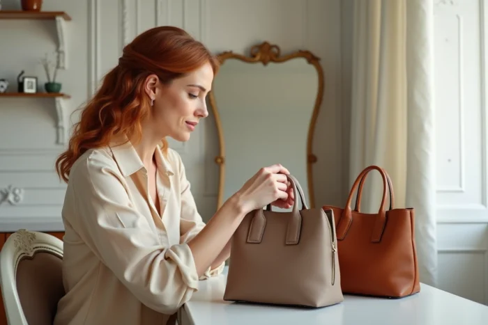 Femme choisissant entre deux sacs à main en cuir et en daim dans un appartement haussmannien