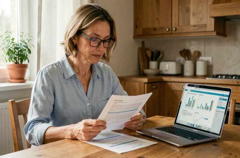 Femme de 40 ans comparant des contrats de mutuelle santé à la maison avec des documents imprimés et un ordinateur portable