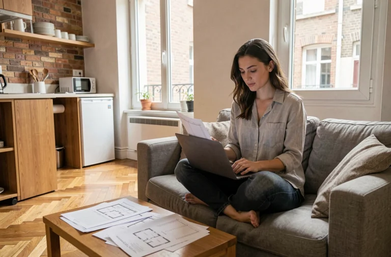 Jeune femme comparant des plans d'appartement T1 dans un studio parisien compact