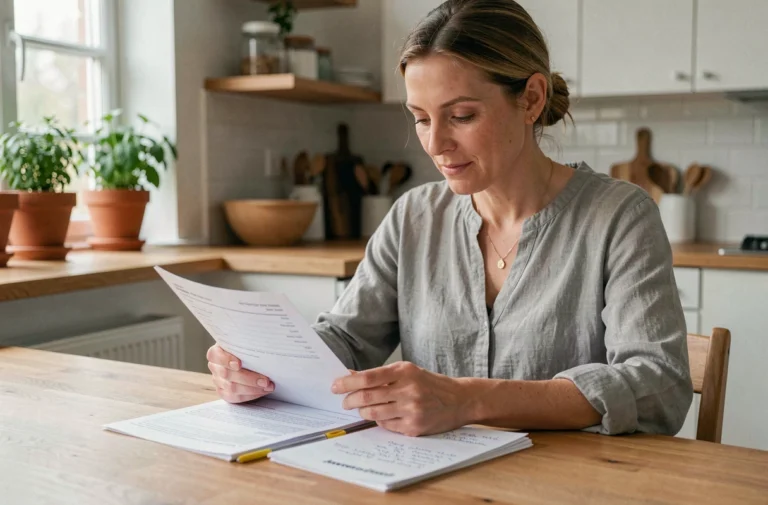 Femme consultant des documents de santé à sa table de cuisine en bois dans un intérieur scandinave moderne