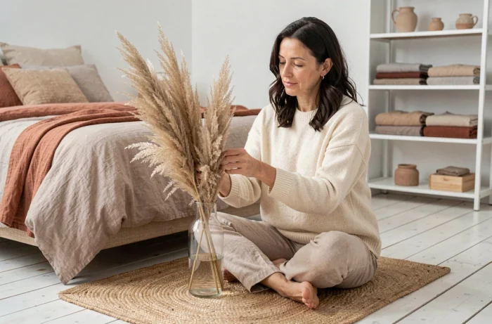 Femme arrangeant des fleurs séchées dans une chambre scandinave décorée avec des textiles naturels