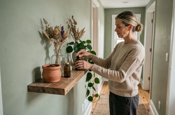 Femme arrangeant des décorations botaniques vintage sur une étagère murale en bois dans un couloir chaleureux