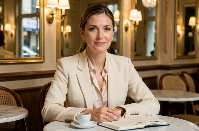 Femme élégante assise dans un café parisien avec carnet et espresso, portrait éditorial illustrant un article sur la vie privée et le couple dans les médias français