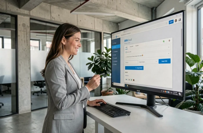 Femme entrepreneur enregistrant un nom de domaine sur OVHcloud dans un espace de coworking moderne