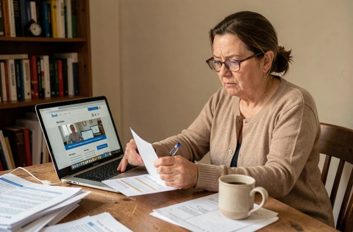 Femme remplissant un formulaire de remboursement CPAM depuis son domicile à Calais