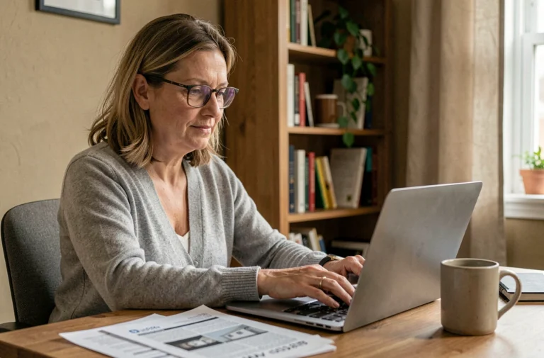 Femme utilisant un forum en ligne sur la commission d'attribution Seqens depuis son bureau à domicile
