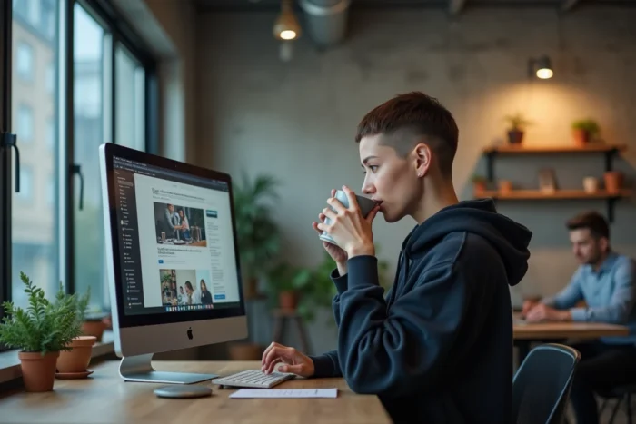 Femme développeuse consultant des ressources web sur un grand écran dans un espace de coworking moderne avec murs en béton et plantes vertes