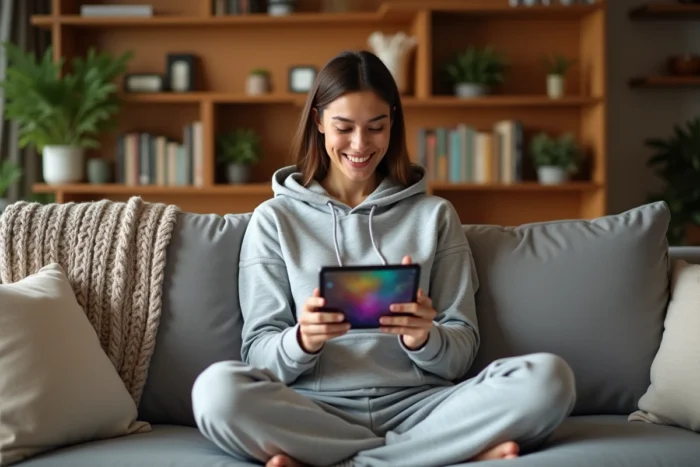 Femme souriante assise sur un canapé avec une tablette jouant à un jeu en ligne, ambiance cosy à la maison