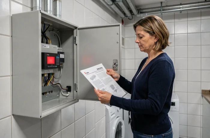Femme consultant un manuel Delta Dore devant un tableau électrique avec un voyant rouge activé dans une buanderie