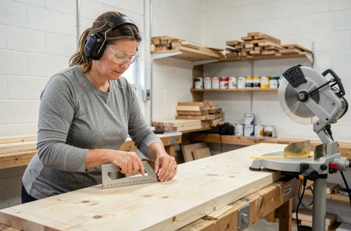 Femme mesurant et marquant une planche en pin avec un équerre avant une coupe en onglet à la scie radiale dans un atelier garage