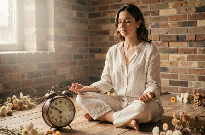 Femme en méditation spirituelle près d'une horloge vintage affichant 12h02, atmosphère contemplative et symbolique en numérologie